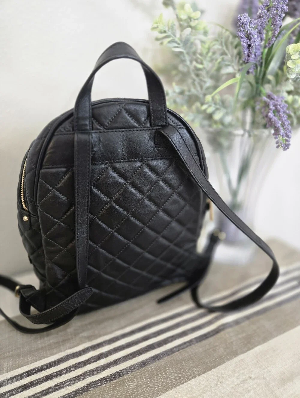 Michael Kors Black Quilted Leather Backpack with Gold Hardware